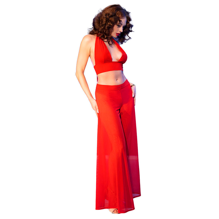 CHILIROSE Conjunto de Blusa, Pantalón y Tanga Tejido Transparente Rojo