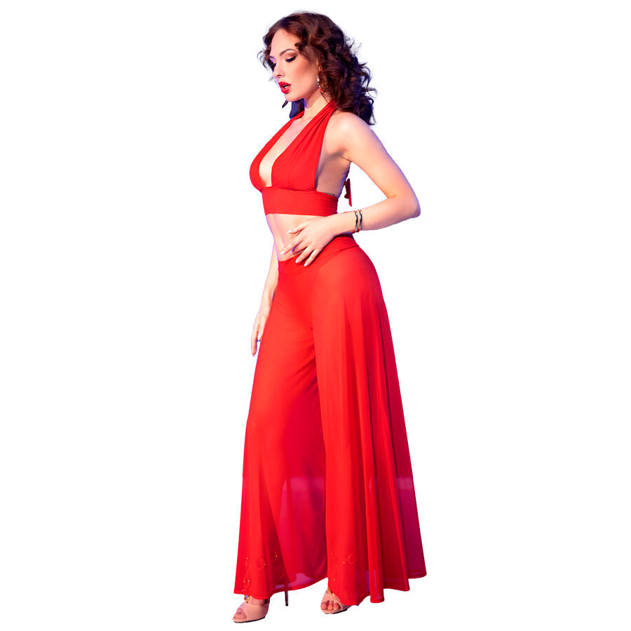 CHILIROSE Conjunto de Blusa, Pantalón y Tanga Tejido Transparente Rojo