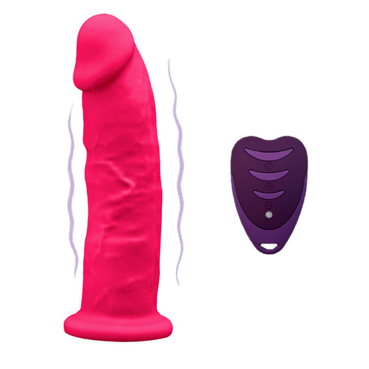 Close-up do SILEXD Vibrador Pênis Realista 17 CM com controle remoto, destacando sua textura e cor rosa vibrante.