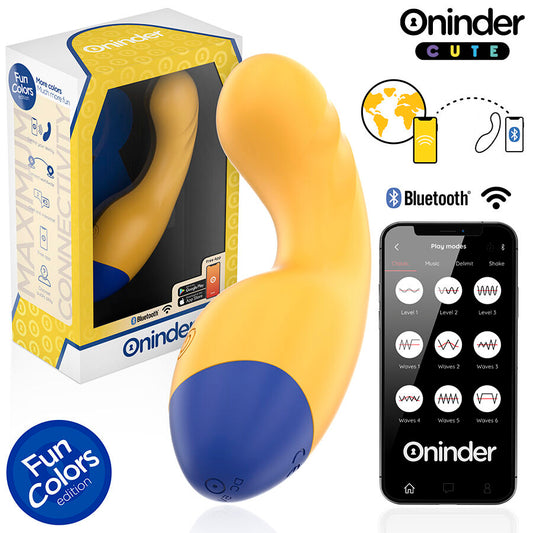 ONINDER CUTE Vibrador Ponto G Love Buddy Master com controlo via app, em amarelo vibrante e base azul escura.