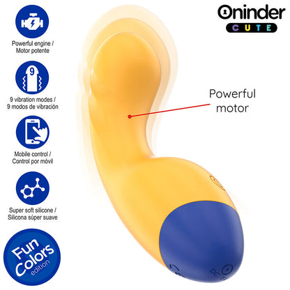 ONINDER CUTE Vibrador Ponto G Love Buddy Master com controlo via app, em amarelo vibrante e base azul escura.