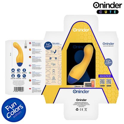 ONINDER CUTE Vibrador Ponto G Love Buddy Master com controlo via app, em amarelo vibrante e base azul escura.