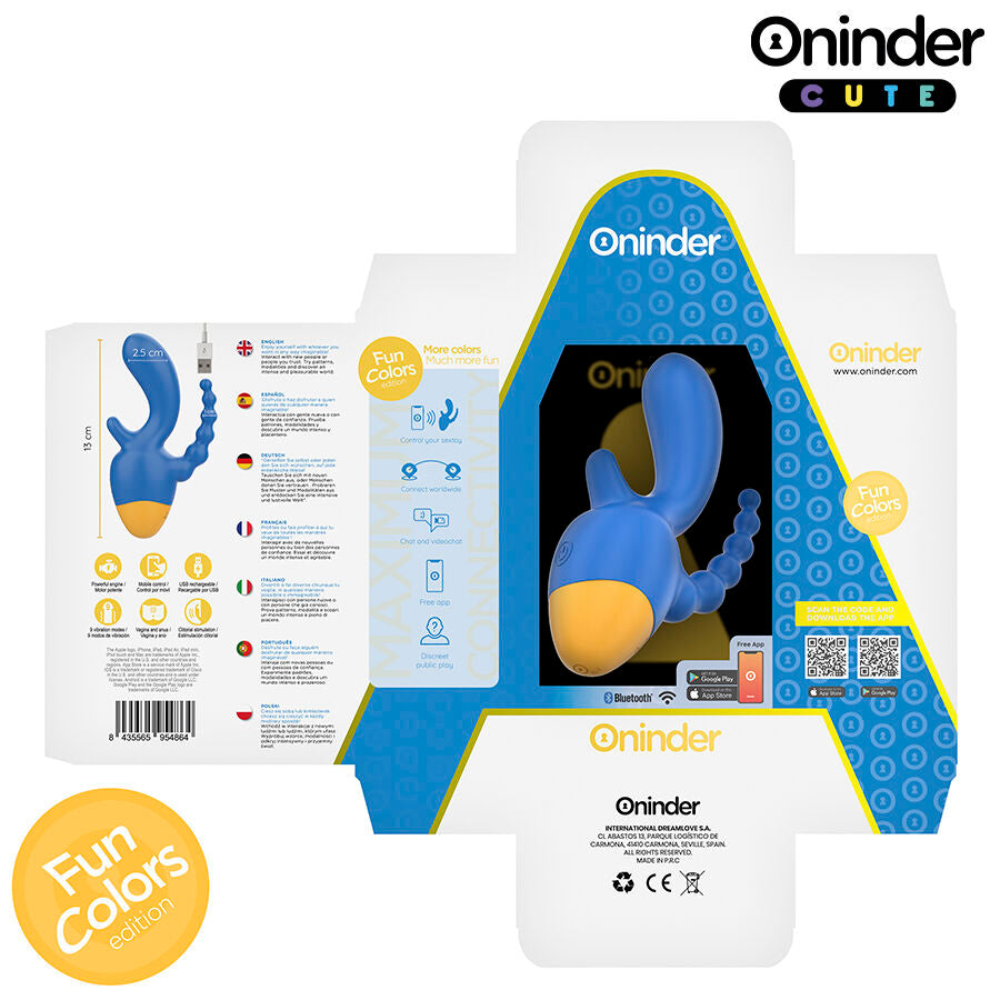 Close-up do Vibrador ONINDER CUTE Love 3 Some Triplo com controle por aplicativo, mostrando seu design ergonômico em azul e amarelo.