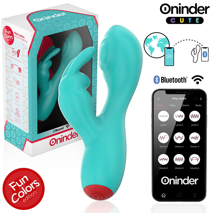 Close-up do vibrador ONINDER CUTE Rabbit com controlo por app, mostrando o design ergonómico e estimulador de clítoris.