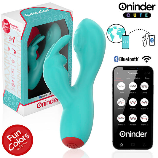 Close-up do vibrador ONINDER CUTE Rabbit com controlo por app, mostrando o design ergonómico e estimulador de clítoris.