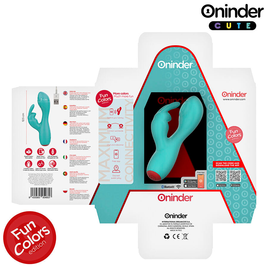Close-up do vibrador ONINDER CUTE Rabbit com controlo por app, mostrando o design ergonómico e estimulador de clítoris.