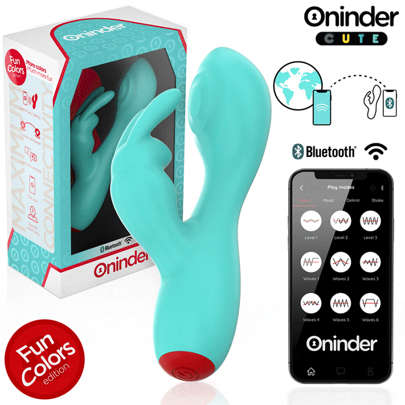 Close-up do vibrador ONINDER CUTE Rabbit com controlo por app, mostrando o design ergonómico e estimulador de clítoris.