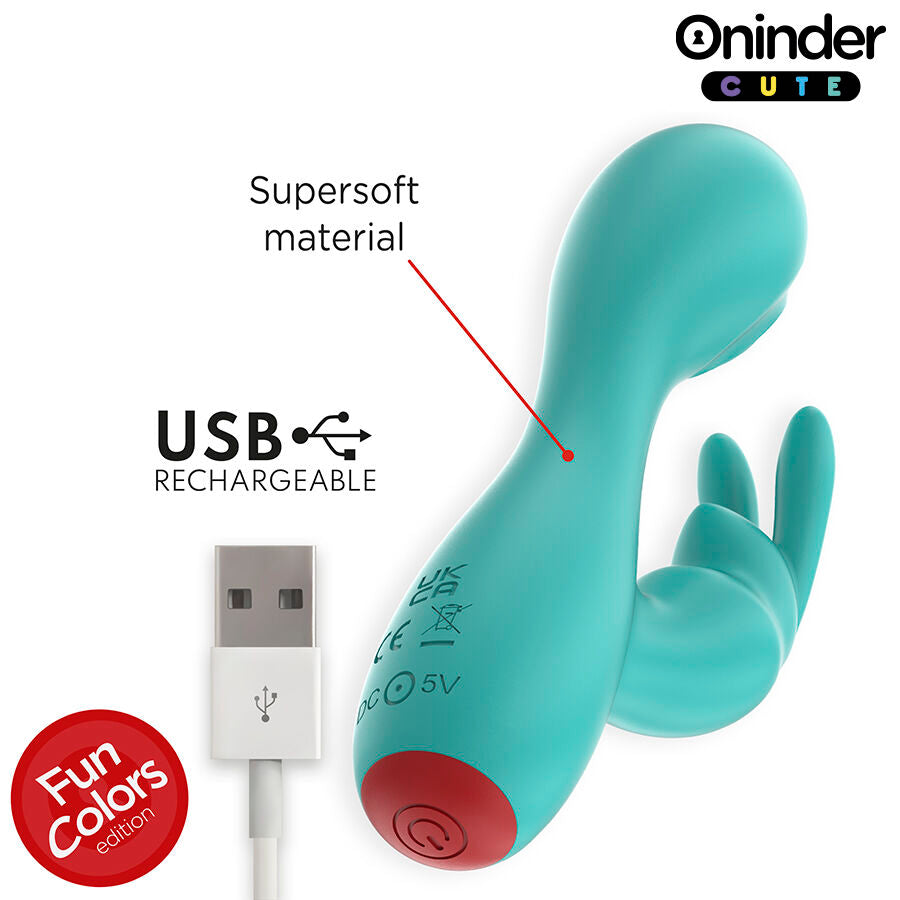Close-up do vibrador ONINDER CUTE Rabbit com controlo por app, mostrando o design ergonómico e estimulador de clítoris.