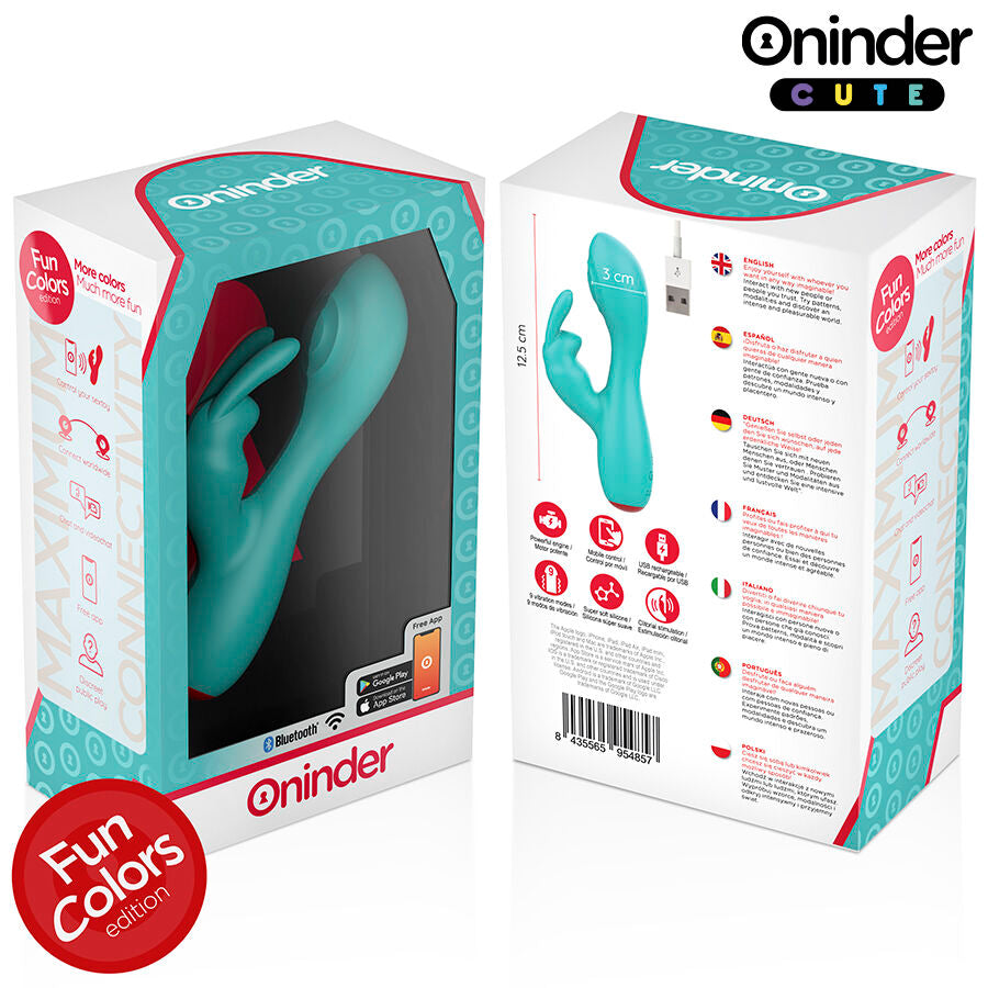 Close-up do vibrador ONINDER CUTE Rabbit com controlo por app, mostrando o design ergonómico e estimulador de clítoris.