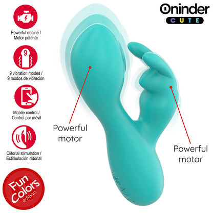 Close-up do vibrador ONINDER CUTE Rabbit com controlo por app, mostrando o design ergonómico e estimulador de clítoris.