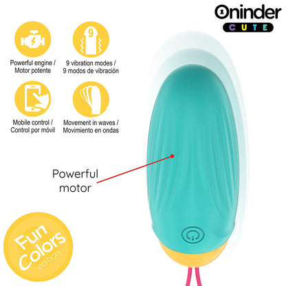 Close-up do ONINDER Ovo Vibratório Cute Silicone App, mostrando seu design ergonómico e textura suave.