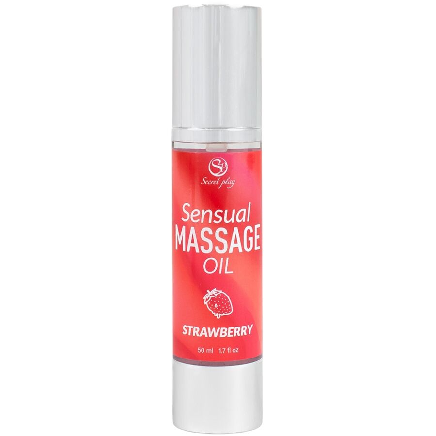 Frasco do Óleo de Massagem de Morango SECRETPLAY 50ml, ideal para massagens sensuais e relaxantes com aroma frutado.