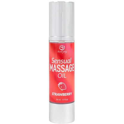 Frasco do Óleo de Massagem de Morango SECRETPLAY 50ml, ideal para massagens sensuais e relaxantes com aroma frutado.