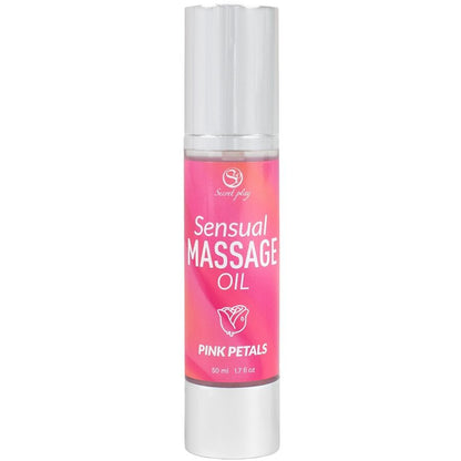 Embalagem do Óleo de Massagem SECRETPLAY Pink Petales 50ml, com detalhes do aroma de rosas e textura suave.