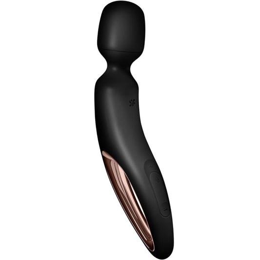 Detalhe do Satisfyer Wand-erland Vibrador Massageador Wand Preto, mostrando seu design ergonômico e superfície de silicone