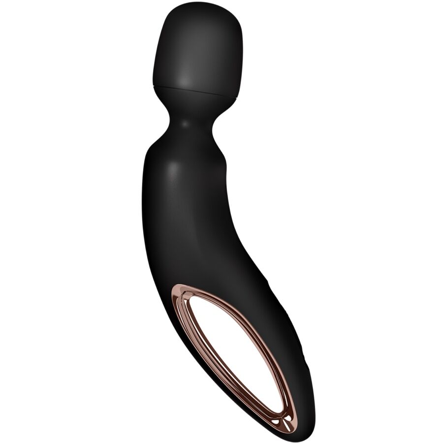 Detalhe do Satisfyer Wand-erland Vibrador Massageador Wand Preto, mostrando seu design ergonômico e superfície de silicone