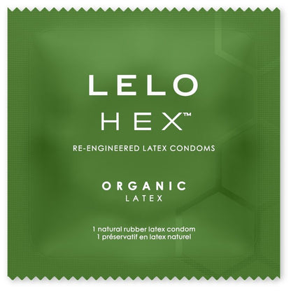 Caixa de LELO Preservativos Orgânicos HEX 3 Unidades com foco na embalagem e detalhes.