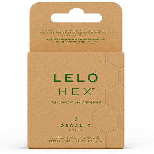 Caixa de LELO Preservativos Orgânicos HEX 3 Unidades com foco na embalagem e detalhes.