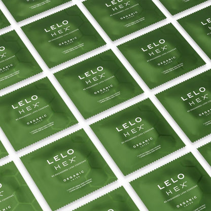 Caixa de LELO Preservativos Orgânicos HEX 3 Unidades com foco na embalagem e detalhes.