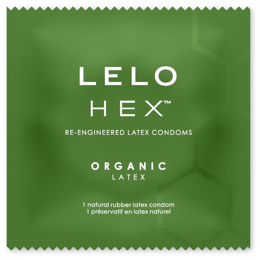 Caixa de LELO Preservativos Orgânicos HEX L-Arginina 12 Unidades, destacando a embalagem e o design.