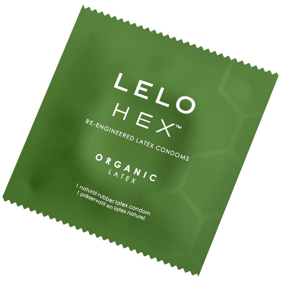 Caixa de LELO Preservativos Orgânicos HEX L-Arginina 12 Unidades, destacando a embalagem e o design.