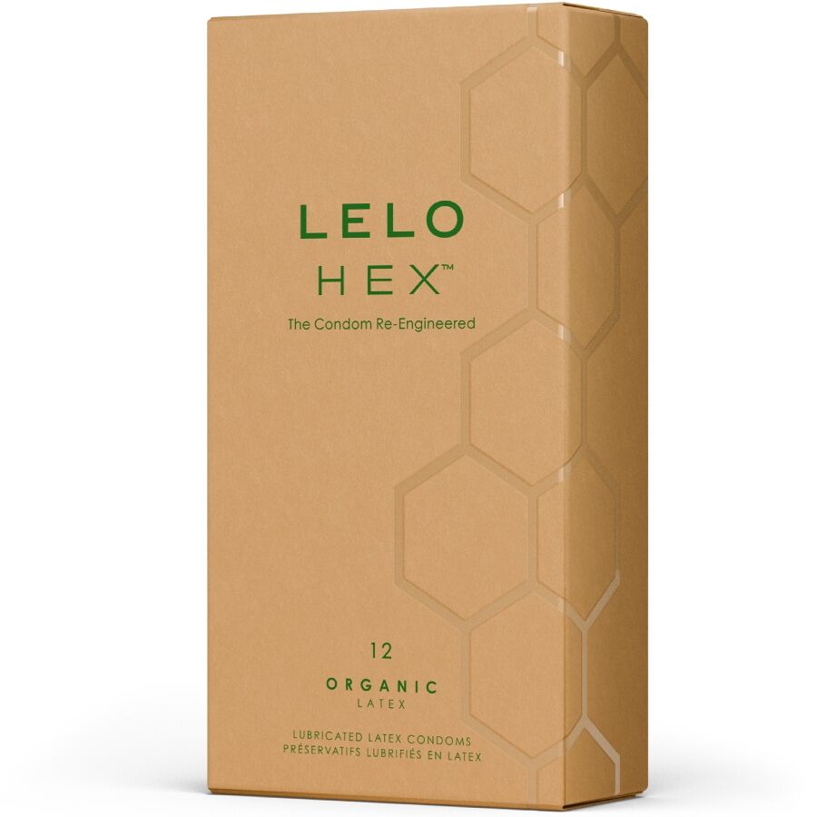 Caixa de LELO Preservativos Orgânicos HEX L-Arginina 12 Unidades, destacando a embalagem e o design.