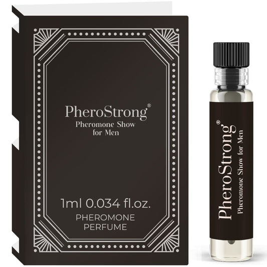 Frasco do perfume PHEROSTRONG Perfume Feromonas Show para Homens 1 ML, destacando seu design elegante e discreto.
