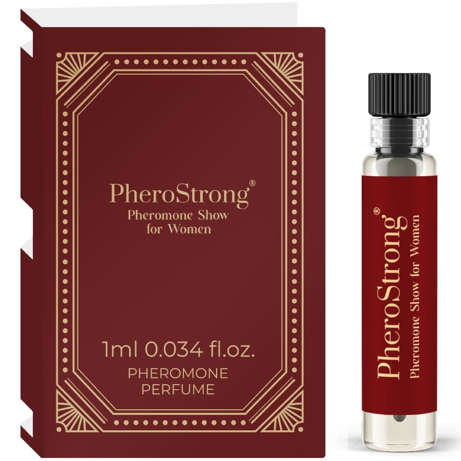 Frasco do perfume PheroStrong Perfume Feromonas Show para Mulheres 1 ML, com design elegante.