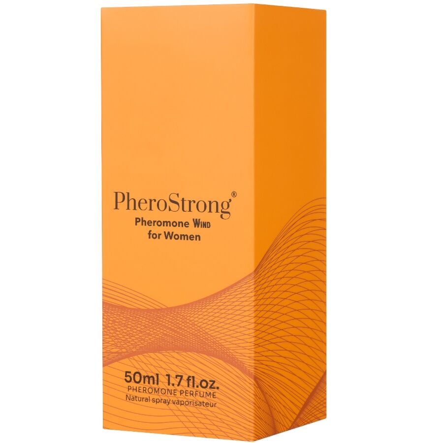 Frasco de perfume PheroStrong Feromonas Wind para Mulheres 50ml com detalhes da fragrância.