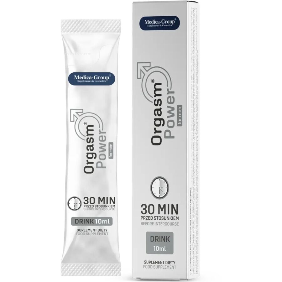 Garrafa de 10ml de MEDICA GROUP Orgasm Power For Men, suplemento para vitalidade masculina.