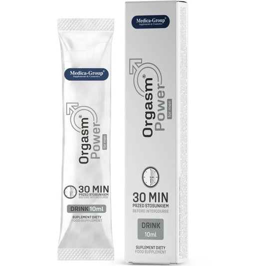 Garrafa de 10ml de MEDICA GROUP Orgasm Power For Men, suplemento para vitalidade masculina.