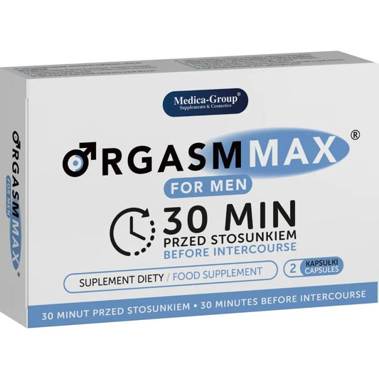 Close-up das cápsulas MEDICA GROUP Orgasm Max Para Homens, detalhando o suplemento para vitalidade masculina.