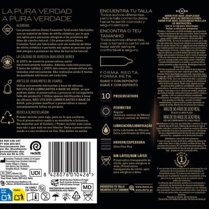 Embalagem dos preservativos DUREX Total Connection XL Ultra Fino Plus Sem Látex 10 Unidades, destacando o design e as características.