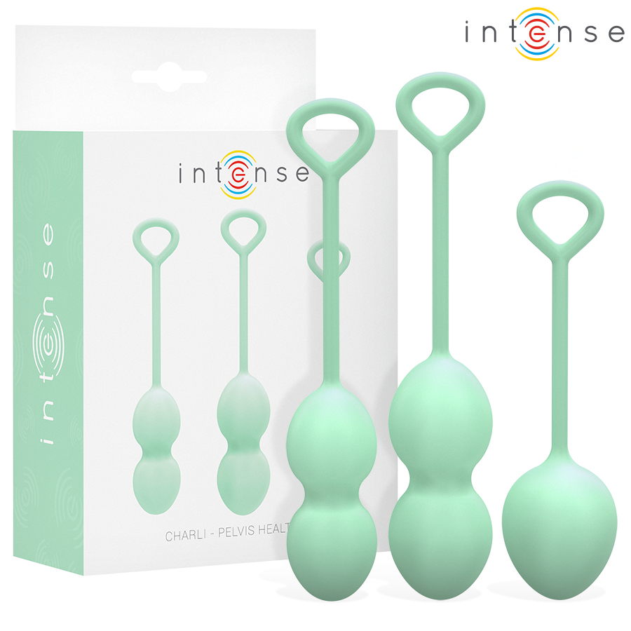 Close-up do Kit Intense Charli Bolas de Kegel Verde Claro 3 Peças para fortalecimento pélvico.