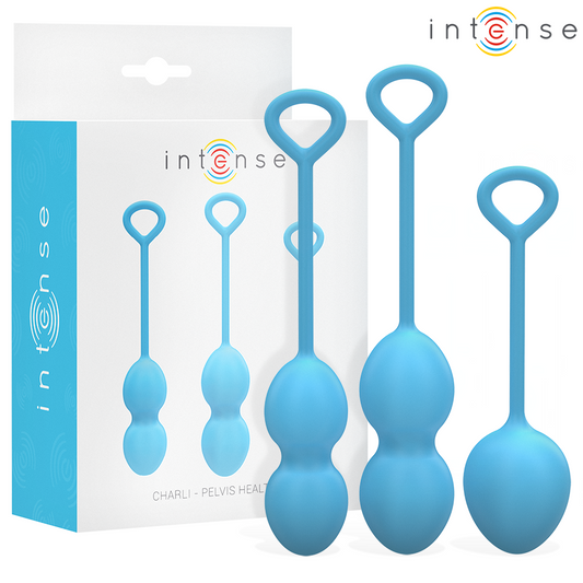 Close-up of the 'INTENSE Kit Charli Bolas de Kegel 3 Peças para Fortalecimento Pélvico' showing its ergonomic design and silicone material.