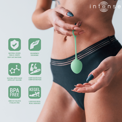 Close-up do Kit Intense Charli Bolas de Kegel Verde Claro 3 Peças para fortalecimento pélvico.