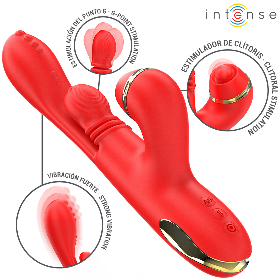 INTENSE Vibrador Multifuncional Katy Vermelho com 4 cabeças intercambiáveis, detalhe das texturas e funcionalidades.