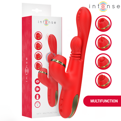 INTENSE Vibrador Multifuncional Katy Vermelho com 4 cabeças intercambiáveis, detalhe das texturas e funcionalidades.