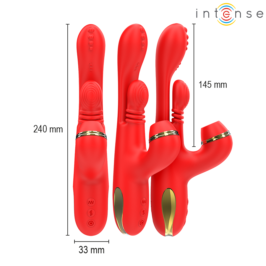 INTENSE Vibrador Multifuncional Katy Vermelho com 4 cabeças intercambiáveis, detalhe das texturas e funcionalidades.