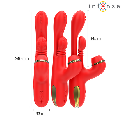 INTENSE Vibrador Multifuncional Katy Vermelho com 4 cabeças intercambiáveis, detalhe das texturas e funcionalidades.