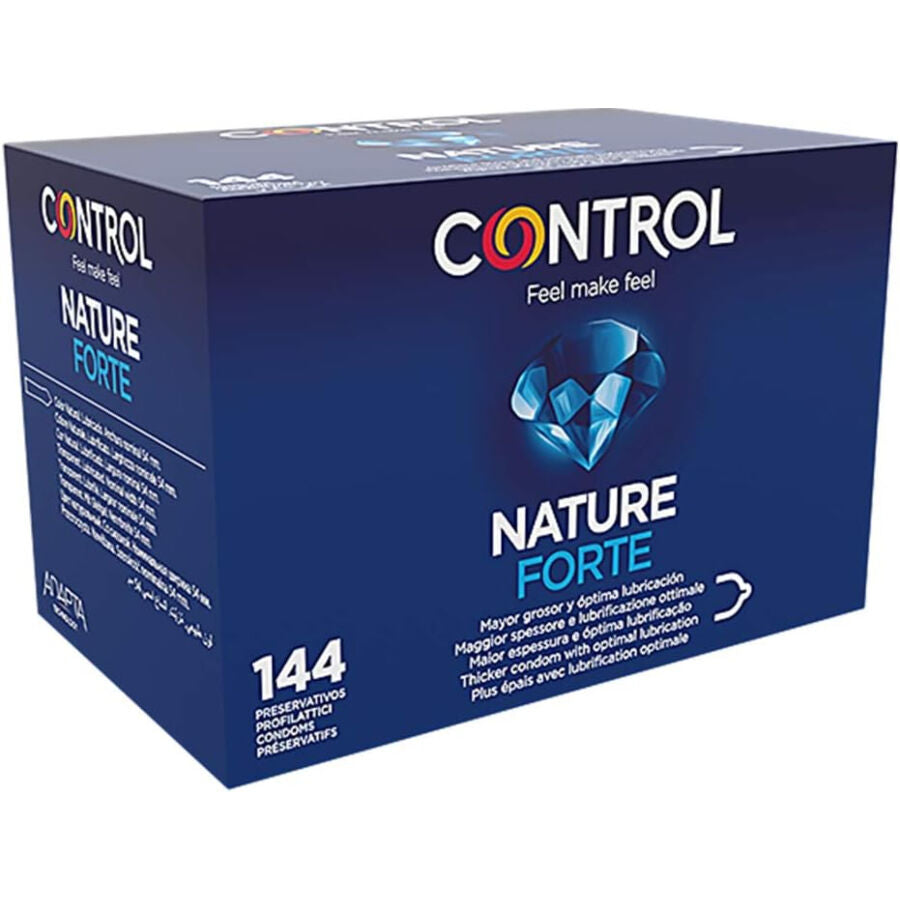 Pack de Preservativos CONTROL Nature Forte com espermicida, mostrando a embalagem de 144 unidades e detalhes do produto.