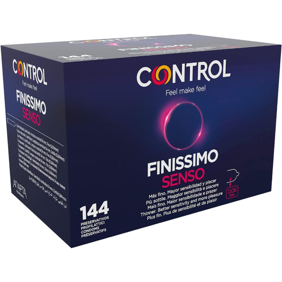 Embalagem de CONTROL Preservativos Finíssimo Senso, destacando as 144 unidades e o design fino.