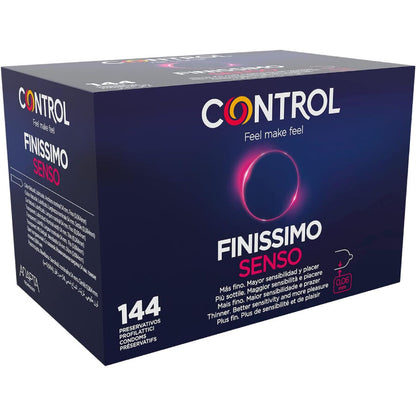 Embalagem de CONTROL Preservativos Finíssimo Senso, destacando as 144 unidades e o design fino.