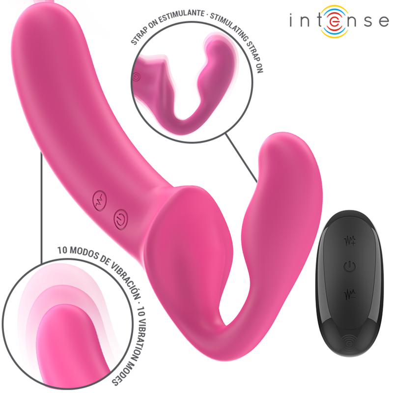 Close-up do Vibrador Duplo INTENSE Amy de 20cm com Controlo Remoto em silicone rosa, destacando a sua textura e design.