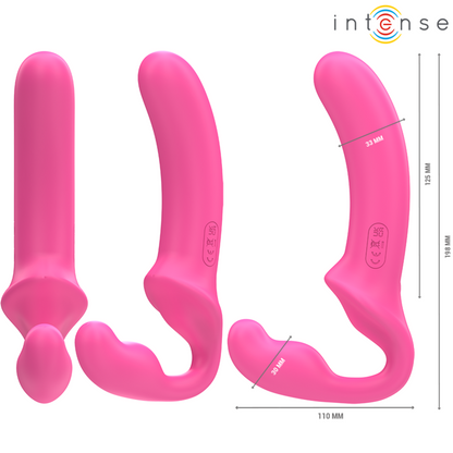 Close-up do Vibrador Duplo INTENSE Amy de 20cm com Controlo Remoto em silicone rosa, destacando a sua textura e design.