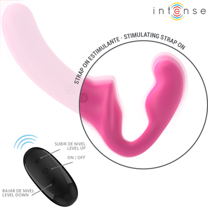 Close-up do Vibrador Duplo INTENSE Amy de 20cm com Controlo Remoto em silicone rosa, destacando a sua textura e design.