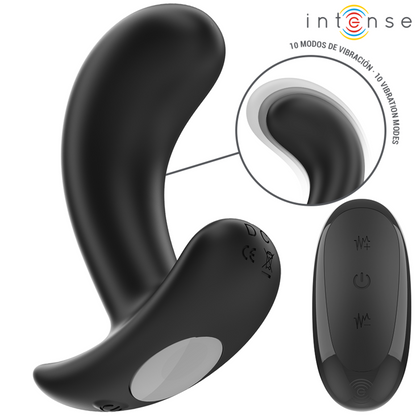 Close-up of the INTENSE Chandler Plug Anal Vibratório showing its black silicone texture and remote control.