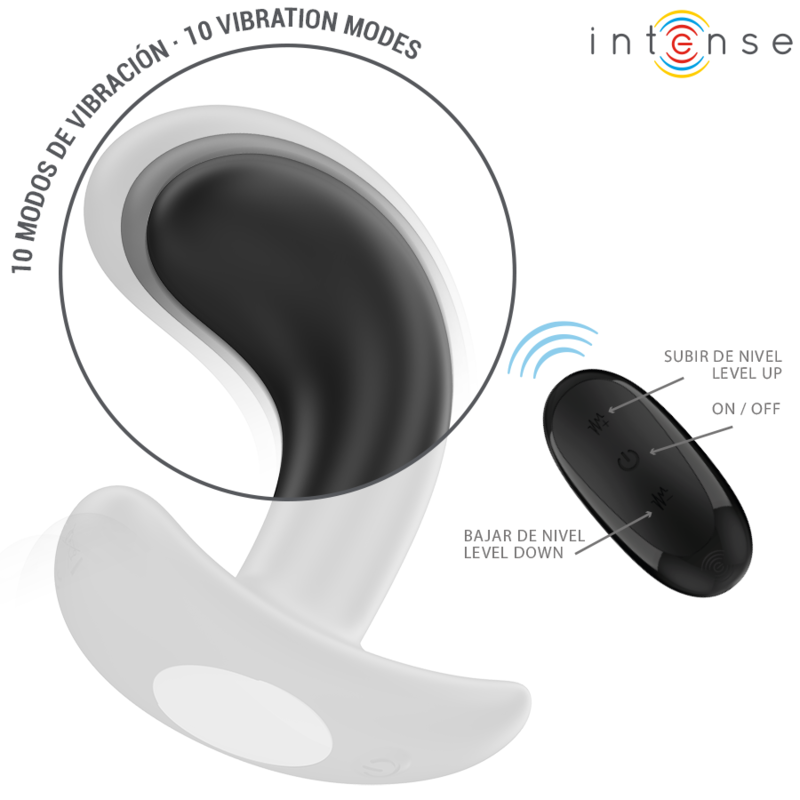 Close-up of the INTENSE Chandler Plug Anal Vibratório showing its black silicone texture and remote control.