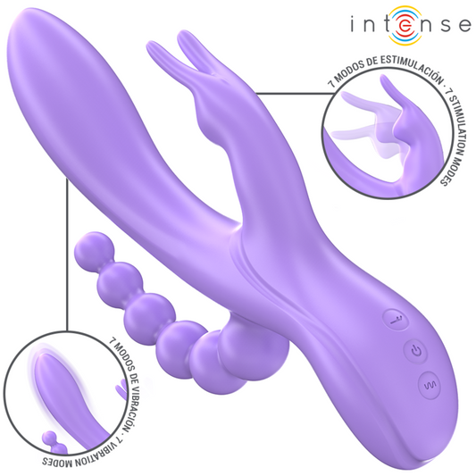 Close-up do Vibrador Triplo INTENSE MIKO, mostrando o vibrador estilo coelho e o estimulador anal.