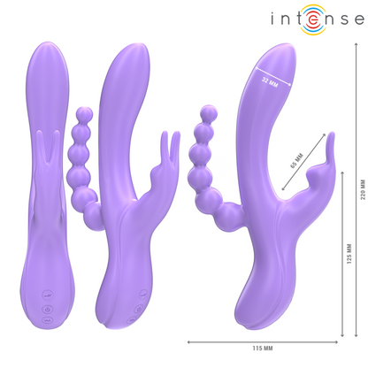 Close-up do Vibrador Triplo INTENSE MIKO, mostrando o vibrador estilo coelho e o estimulador anal.